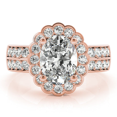Rose gold Oval Halo Diamond Split Shank Ring with Scalloped Prong Setting