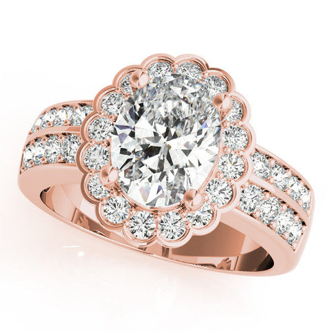 Rose gold Oval Halo Diamond Split Shank Ring with Scalloped Prong Setting