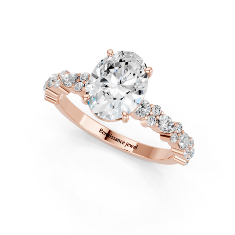 Rose gold Oval Solitaire with Side Stones, Pave Band, Four-Prong Setting
