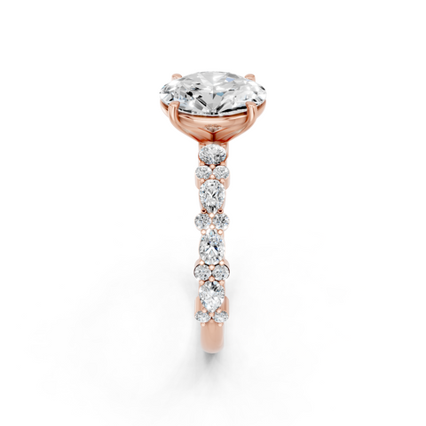 Rose gold Oval Solitaire with Side Stones, Pave Band, Four-Prong Setting