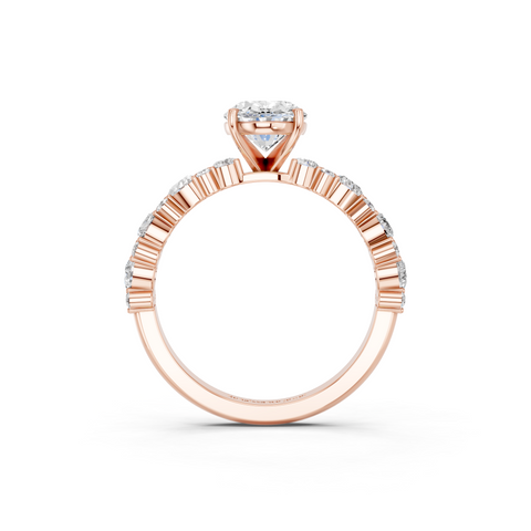 Rose gold Oval Solitaire with Side Stones, Pave Band, Four-Prong Setting