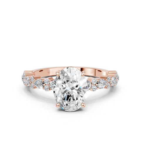Rose gold Oval Solitaire with Side Stones, Pave Band, Four-Prong Setting