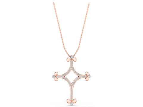 Rose gold Pavé Diamond Cushion Cross Pendant with Fleur-de-Lis Prongs
