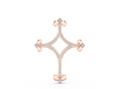 Rose gold Pavé Diamond Cushion Cross Pendant with Fleur-de-Lis Prongs