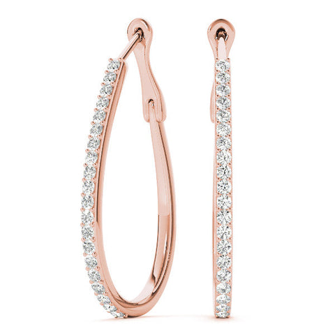 Rose gold Pavé Round Diamond Teardrop Hoop Earrings with Hidden Hinged Setting