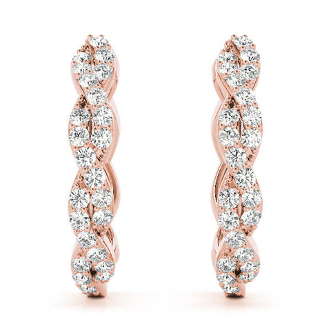 Rose gold Pave Round Diamond Twisted Hoop Earrings with Shared Prong Setting