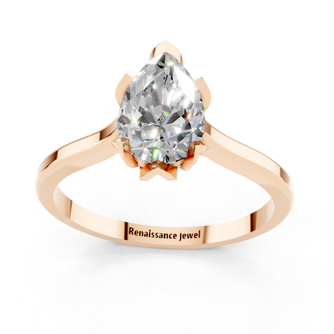 Rose gold Pear Cut Solitaire Diamond Ring with Flower-Prong Setting and Classic Band