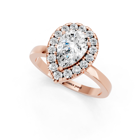 Rose gold Pear Halo Diamond Solitaire with Pavé Band and Four-Prong Setting