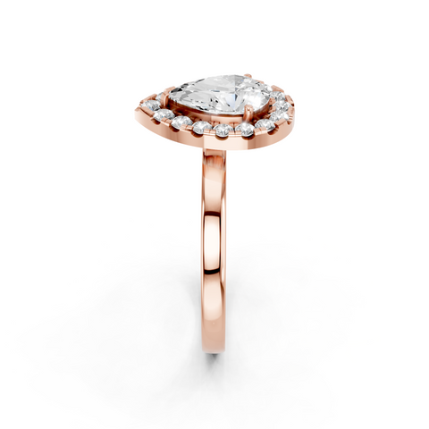Rose gold Pear Halo Diamond Solitaire with Pavé Band and Four-Prong Setting