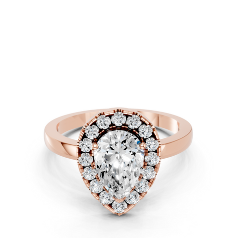 Rose gold Pear Halo Diamond Solitaire with Pavé Band and Four-Prong Setting