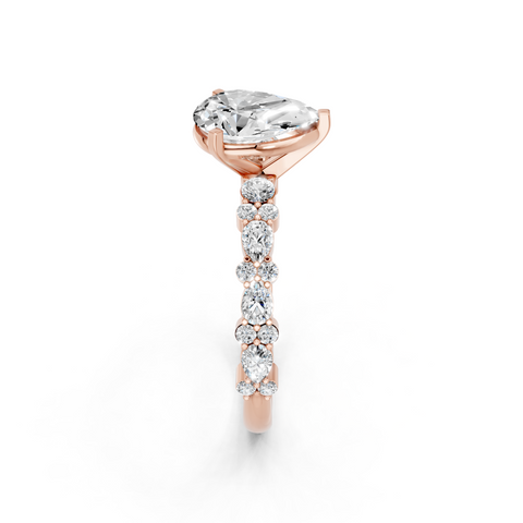 Rose gold Pear Solitaire with Side Stones, Pave Band, Four-Prong Setting