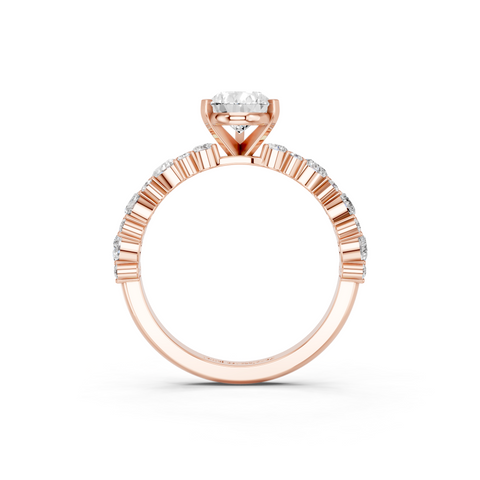 Rose gold Pear Solitaire with Side Stones, Pave Band, Four-Prong Setting