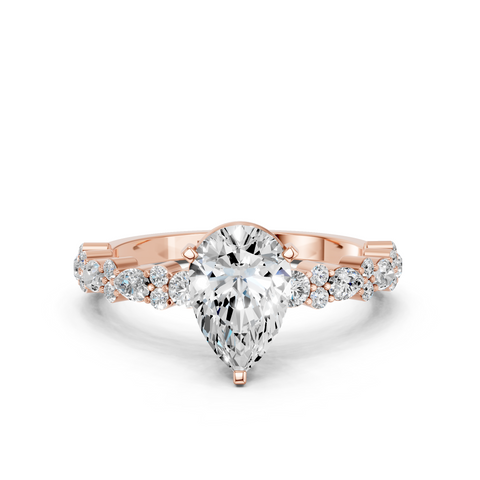 Rose gold Pear Solitaire with Side Stones, Pave Band, Four-Prong Setting