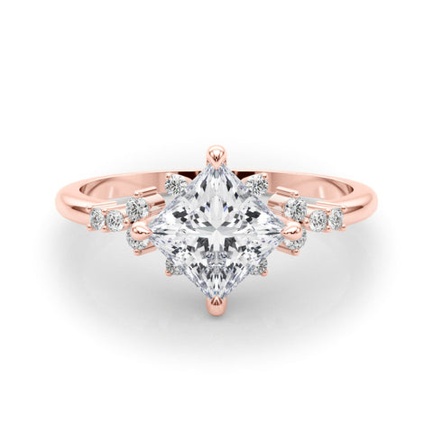 Rose gold Princess Cut Diamond Ring with Side Stones on a White Gold Band and Four-Prong Setting