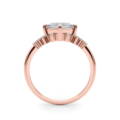 Rose gold Princess Cut Diamond Ring with Side Stones on a White Gold Band and Four-Prong Setting