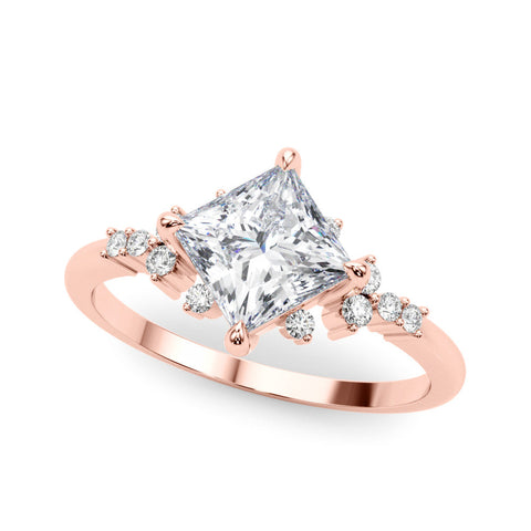 Rose gold Princess Cut Diamond Ring with Side Stones on a White Gold Band and Four-Prong Setting