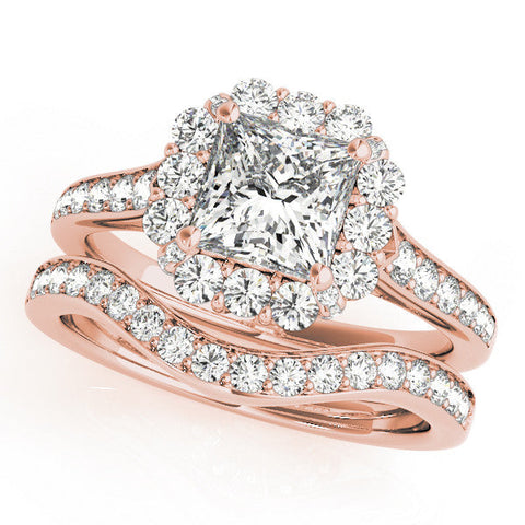 Rose gold Princess Cut Halo Diamond Engagement Ring with Pave Band and Four-Prong Setting