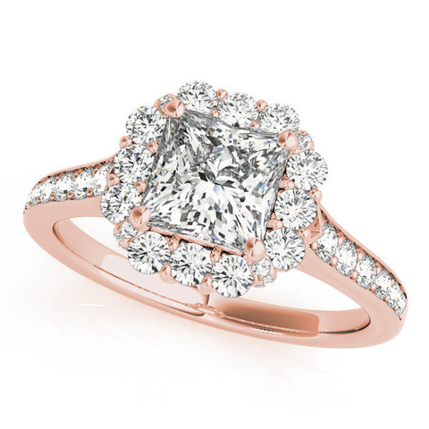 Rose gold Princess Cut Halo Diamond Engagement Ring with Pave Band and Four-Prong Setting