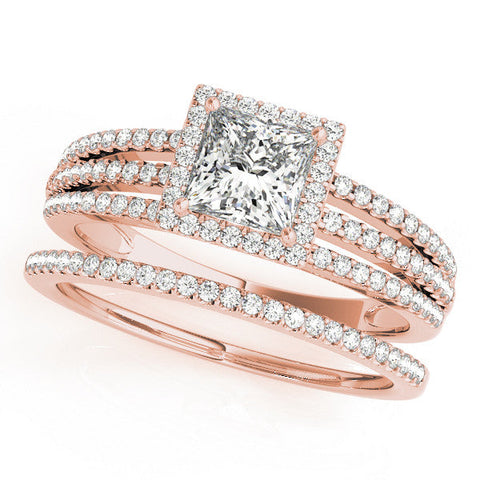 Rose gold Princess Cut Halo Diamond Engagement Ring with Split Shank and Four-Prong Setting
