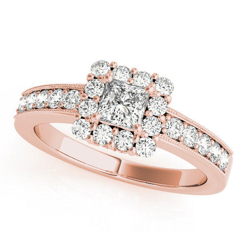 Rose gold Princess Cut Halo Diamond Pavé Engagement Ring with Milgrain Detailing