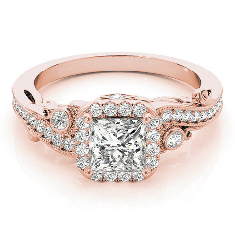 Rose gold Princess Cut Halo Diamond Ring with Milgrain Pave Band and Four-Prong Setting
