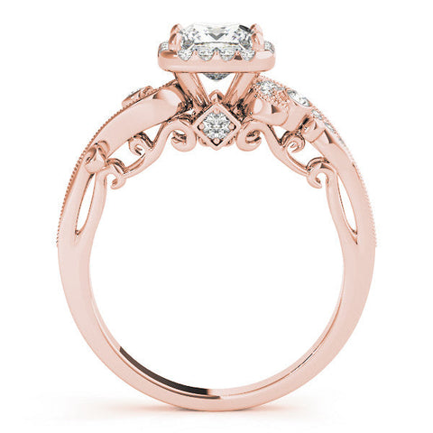 Rose gold Princess Cut Halo Diamond Ring with Milgrain Pave Band and Four-Prong Setting