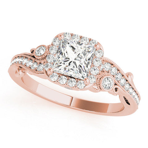 Rose gold Princess Cut Halo Diamond Ring with Milgrain Pave Band and Four-Prong Setting