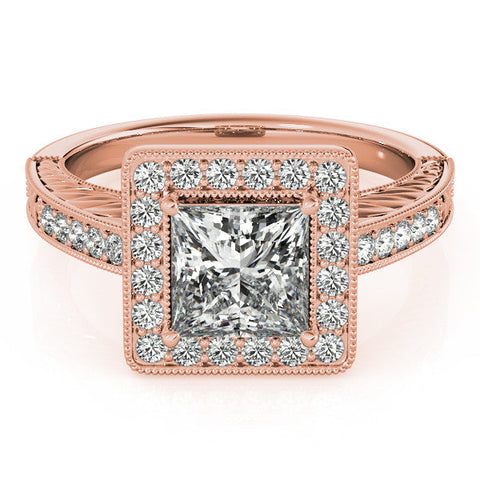 Rose gold Princess Cut Halo Diamond Ring with Pave Band and Four-Prong Setting