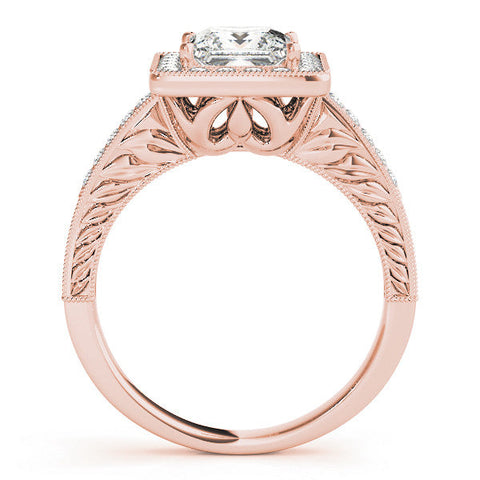 Rose gold Princess Cut Halo Diamond Ring with Pave Band and Four-Prong Setting
