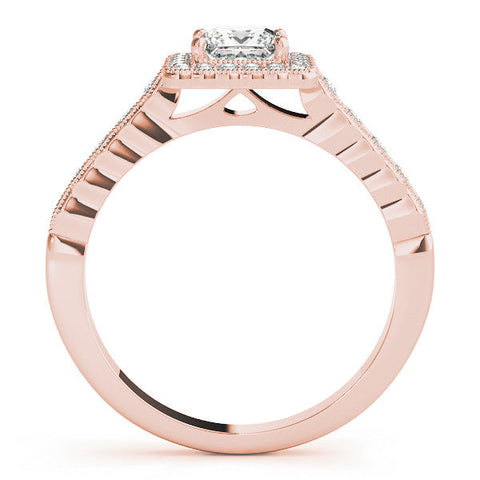 Rose gold Princess Cut Halo Pavé Solitaire Ring with Milgrain Band