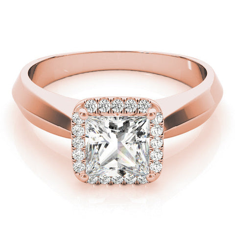 Rose gold Princess Cut Halo Solitaire Engagement Ring with Square Band and Four-Prong Setting
