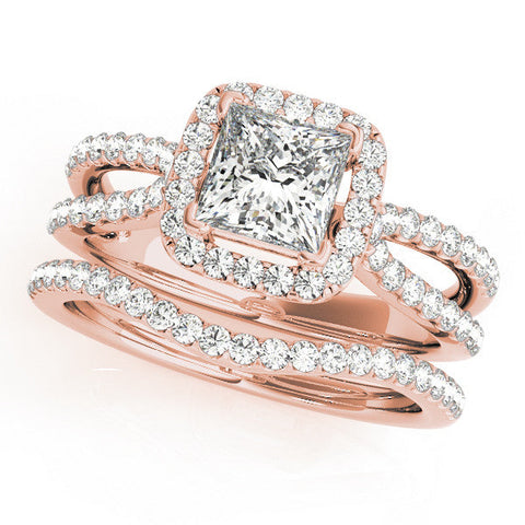 Rose gold Princess Cut Halo Split Shank Pave Set Ring
