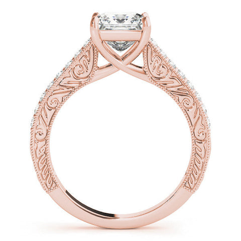 Rose gold Princess Cut Pave Band Milgrain Solitaire Ring