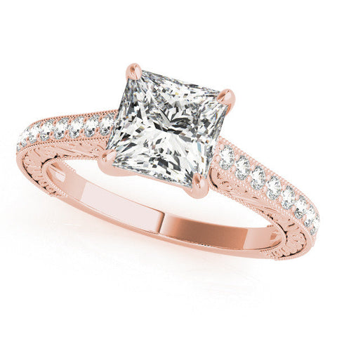 Rose gold Princess Cut Pave Band Milgrain Solitaire Ring