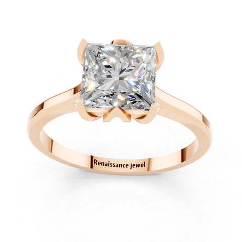 Rose gold Princess Cut Solitaire Diamond Ring with Flower-Prong Setting and Classic Band