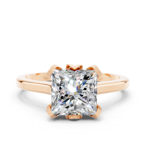 Rose gold Princess Cut Solitaire Diamond Ring with Flower-Prong Setting and Classic Band