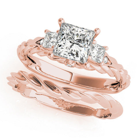 Rose gold Princess Cut Three-Stone Braided Band Ring with Four-Prong Setting