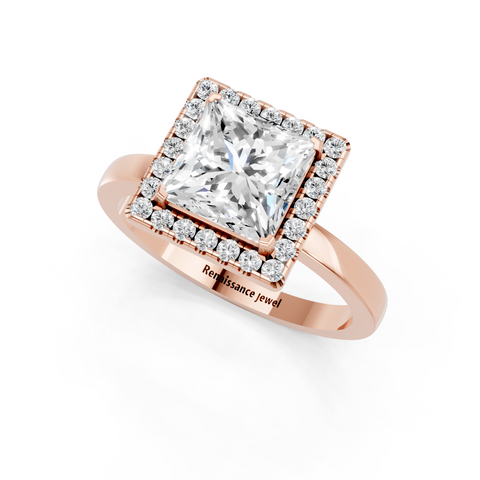 Rose gold Princess Halo Diamond Solitaire with Pavé Band and Four-Prong Setting