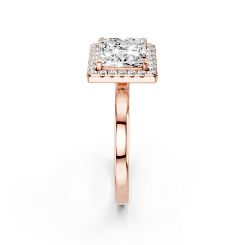 Rose gold Princess Halo Diamond Solitaire with Pavé Band and Four-Prong Setting