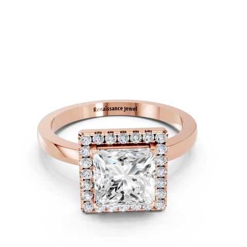 Rose gold Princess Halo Diamond Solitaire with Pavé Band and Four-Prong Setting