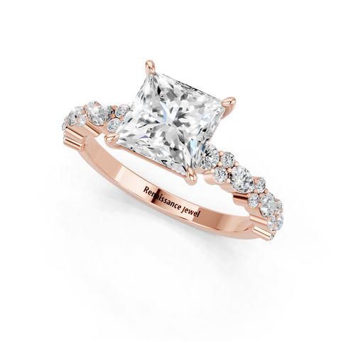 Rose gold Princess Solitaire with Side Stones, Pave Band, Four-Prong Setting