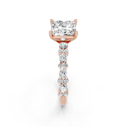 Rose gold Princess Solitaire with Side Stones, Pave Band, Four-Prong Setting