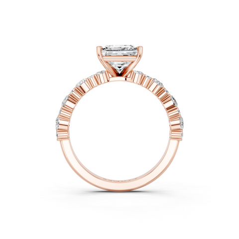 Rose gold Princess Solitaire with Side Stones, Pave Band, Four-Prong Setting