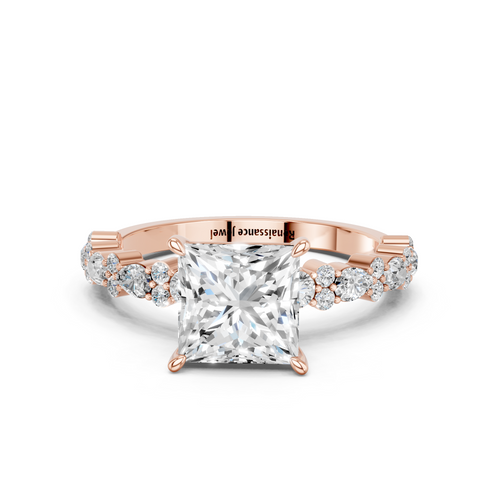 Rose gold Princess Solitaire with Side Stones, Pave Band, Four-Prong Setting