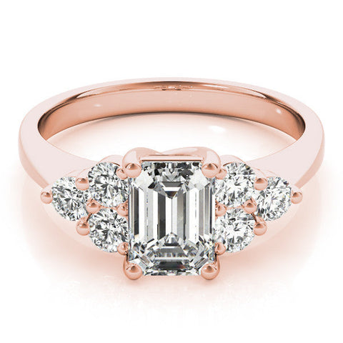 Rose gold Radiant Cut Diamond Cluster Ring with Round Accent Stones and Prong Setting on a Classic Band