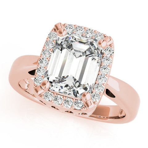 Rose gold Emerald Cut Diamond Halo Engagement Ring with Split Shank and Four-Prong Setting