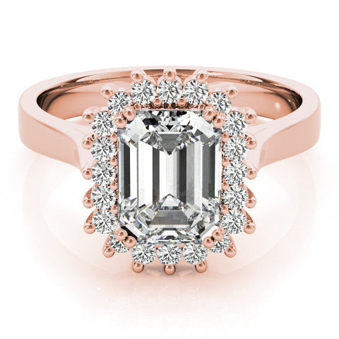 Rose gold Emerald Cut Diamond Halo Ring with Solitaire Band and Prong Setting