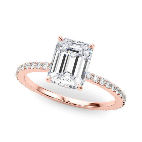 Rose gold Emerald Cut Diamond Ring with Pavé Band and Four-Prong Setting