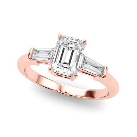 Rose gold Emerald Cut Diamond Ring with Tapered Baguette Side Stones in Four-Prong Setting