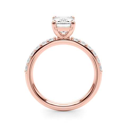 Rose gold Emerald Cut Diamond Solitaire with Pave Band and Four-Prong Setting